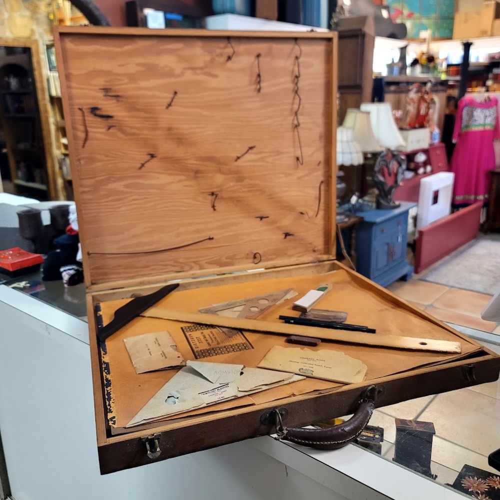 Vintage Wood Drafting Set Architect Case MCM Academia Industrial Prop Kit 60's